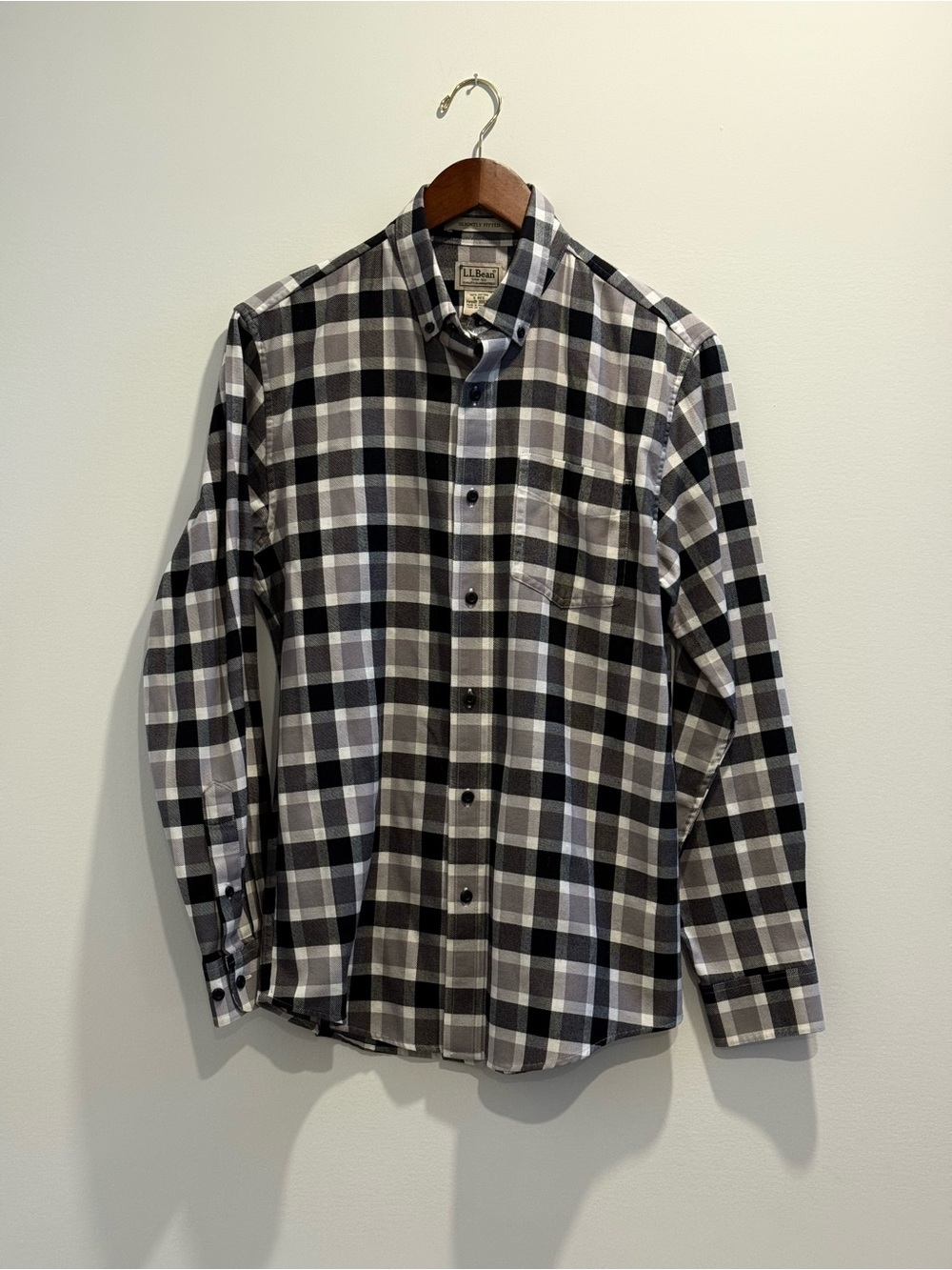 L.L. Bean Black, Gray & White Plaid Button-Down Shirt